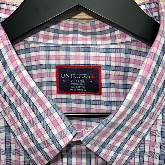 Untuckit Men's XL Long Sleeve Wrinkle Free Plaid Button Up Shirt Pink Blue - Picture 3 of 8